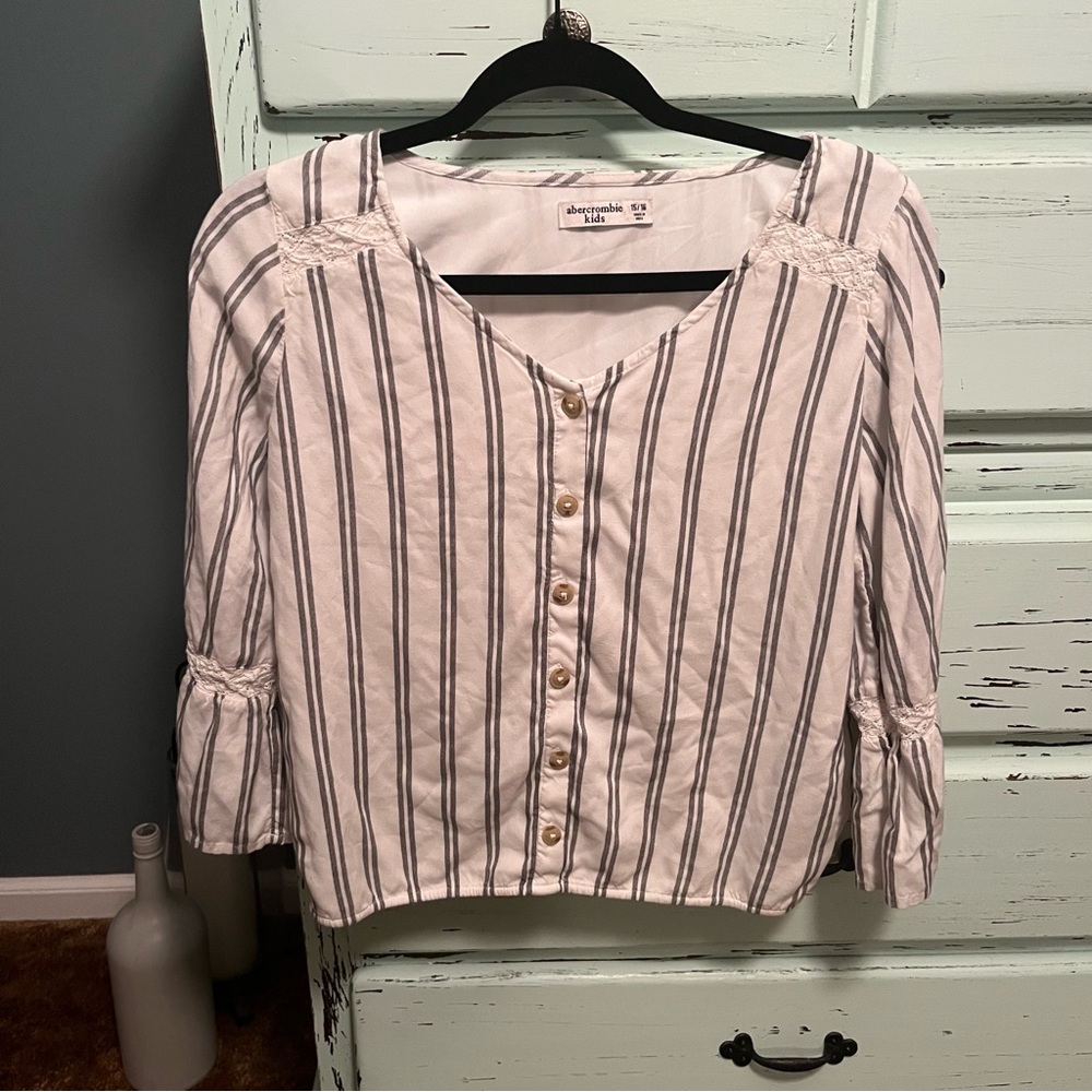 Abercrombie Kids Navy and White Striped Blouse. Size 15/16.